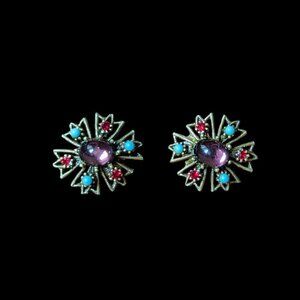 Vintage Gilded Brass Earrings Amethyst Filigree MCM Gold Tone 1950’s Ornate